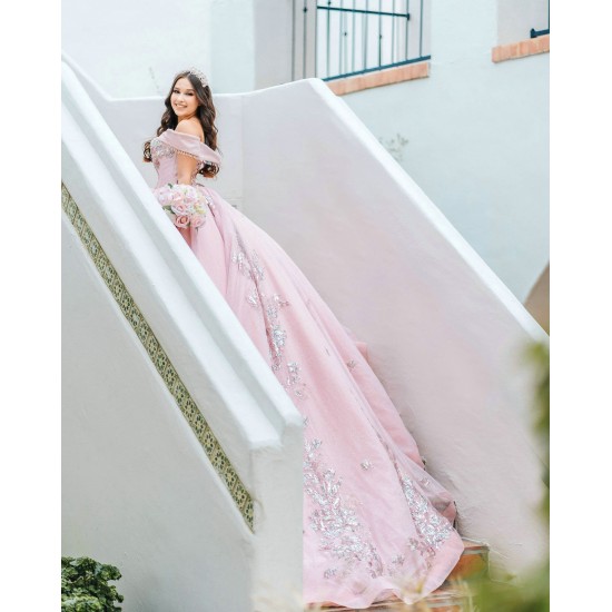 V Neck Pink Quince Dress 15 Anos Lace Appliques Sequin Women 2024 Ball Gown Off Shoulder Girl Birthday Gowns