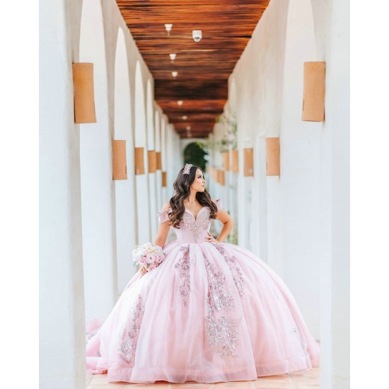 V Neck Pink Quince Dress 15 Anos Lace Appliques Sequin Women 2024 Ball Gown Off Shoulder Girl Birthday Gowns