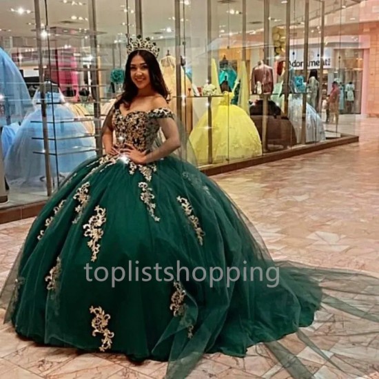 2024 Green Shiny Cheap Quinceanera Dresses Ball Gown With Cape Applique Beads Tiered For Sweet 16 Dresses