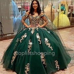 2024 Green Shiny Cheap Quinceanera Dresses Ball Gown With Cape Applique Beads Tiered For Sweet 16 Dresses