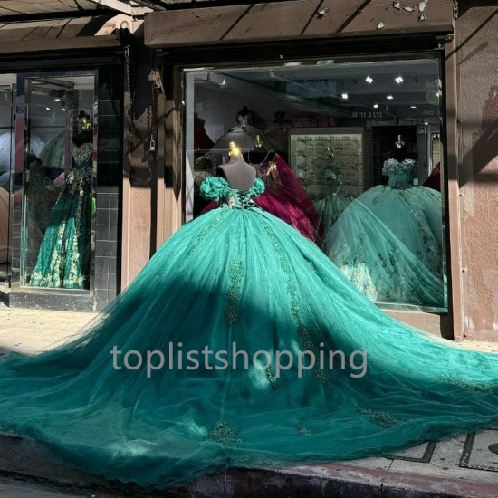 2024 Green Sweetheart Quinceanera Dresses Beaded Sequins Lace applique Ball Gown Sweet 16 Birthday Tulle Vestidos De 15