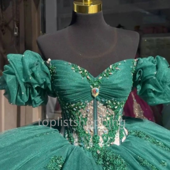 2024 Green Sweetheart Quinceanera Dresses Beaded Sequins Lace applique Ball Gown Sweet 16 Birthday Tulle Vestidos De 15