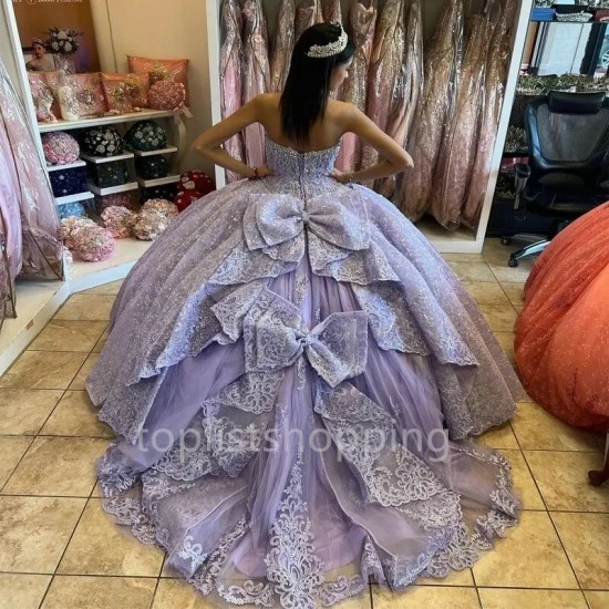 2024 Lavender Sparkly Sweetheart Crystal Appliques Bow Quinceanera Dresses Ball Gown Off The Shoulder