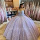 2024 Lavender Sparkly Sweetheart Crystal Appliques Bow Quinceanera Dresses Ball Gown Off The Shoulder