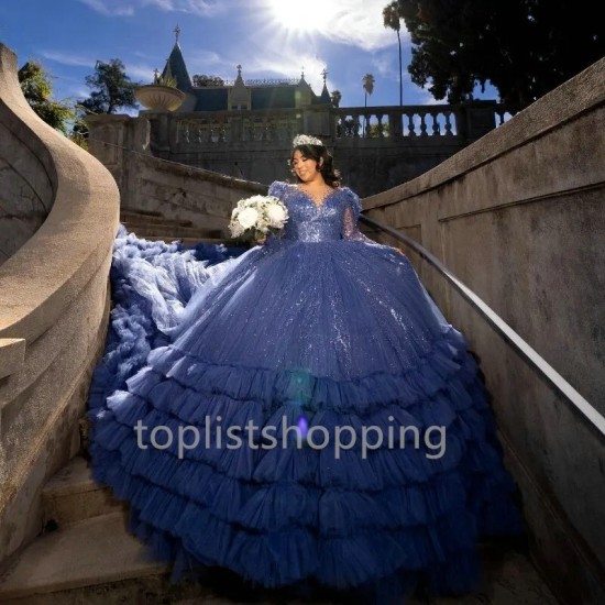 2024 Navy Blue O-Neck Quinceanera Dresses Applique Lace Beads Long Sleeves Tull Tiered Ball Gown Sweep Train vestidos de 15