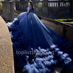 2024 Navy Blue O-Neck Quinceanera Dresses Applique Lace Beads Long Sleeves Tull Tiered Ball Gown Sweep Train vestidos de 15