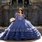 2024 Navy Blue O-Neck Quinceanera Dresses Applique Lace Beads Long Sleeves Tull Tiered Ball Gown Sweep Train vestidos de 15