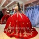 2024 Red Ball Gown Quinceanera Dresses Sweet 16 Dress Tulle Gold 3D Flowers Bow Vestidos De 15 Años Quinceañeras