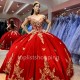 2024 Red Ball Gown Quinceanera Dresses Sweet 16 Dress Tulle Gold 3D Flowers Bow Vestidos De 15 Años Quinceañeras