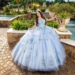 2024 Sky Blue Beading Puffy Ball Gown Elegent Princess Appliques Lace Beads Quinceanera Dresses