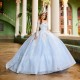 2024 Sky Blue Princess Quinceanera Dresses Off Shoulder Long sleeved Lace Appliques Corset Up Ball Gown Sweet 16 Birthday Vestid