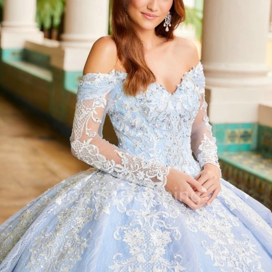 2024 Sky Blue Princess Quinceanera Dresses Off Shoulder Long sleeved Lace Appliques Corset Up Ball Gown Sweet 16 Birthday Vestid