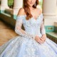 2024 Sky Blue Princess Quinceanera Dresses Off Shoulder Long sleeved Lace Appliques Corset Up Ball Gown Sweet 16 Birthday Vestid