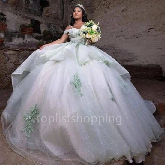 3D Floral Lace Ball Gown Quinceanera Dresses Spaghetti Strap Crystal Pleat Ruffles Corset Vestidos De 15 Años