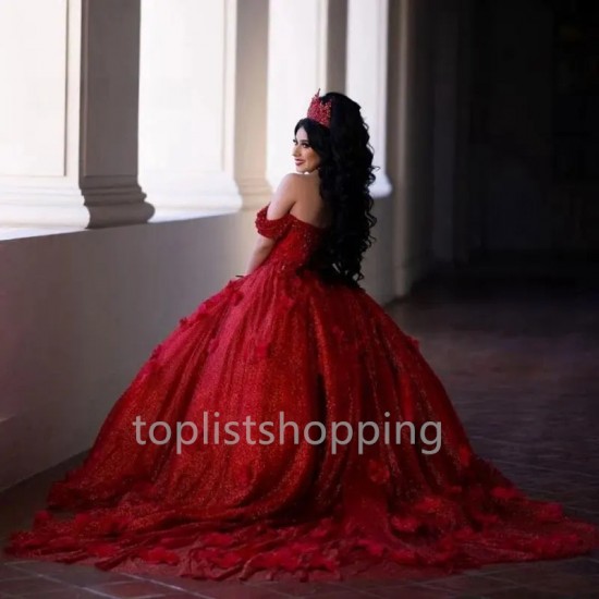 3D Flowers Quinceanera Dresses Red Vestidos De 15 Quinceañera 2024 Ball Gown Sweet 16 Birthday Dress