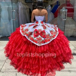 Amazing Red Sweetheart Bodice Medallions 3D Floral Applique Embroidery Tiered Skirt Charro Quinceanera Ball Gown Vestidos De