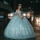 Off Shoulder Aqua Blue Luxury Princess Quinceanera Dresses Beads Tull Bustle Corset vestidos de 15 años