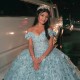 Off Shoulder Aqua Blue Luxury Princess Quinceanera Dresses Beads Tull Bustle Corset vestidos de 15 años