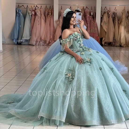 Vestidos De 15 Anos Quinceañera Pageant Aqua Blue Princess Quinceanera Dresses Flower Applique Beads Ball Gown Sweet 15 16 Dress