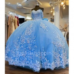 Ball Gown 15 Year Old Girls Quinceanera Dresses Luxury Sky Blue Princess Party Dress Off Shoulder Appliques