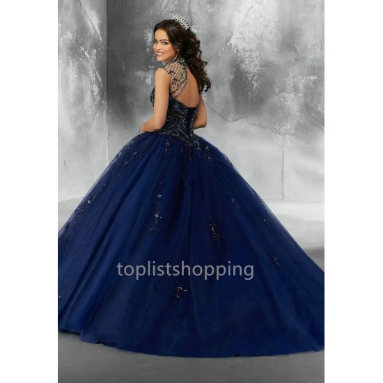 Ball Gown Navy Blue Quinceanera Dress High Neck Beaded Sequins Robe De Soiree Sweet 16 Birthday Party Gowns