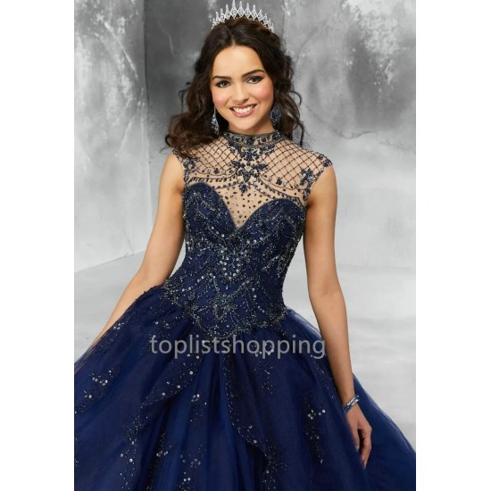 Ball Gown Navy Blue Quinceanera Dress High Neck Beaded Sequins Robe De Soiree Sweet 16 Birthday Party Gowns