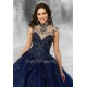 Ball Gown Navy Blue Quinceanera Dress High Neck Beaded Sequins Robe De Soiree Sweet 16 Birthday Party Gowns