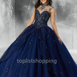 Ball Gown Navy Blue Quinceanera Dress High Neck Beaded Sequins Robe De Soiree Sweet 16 Birthday Party Gowns