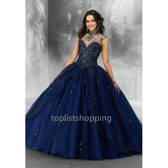 Ball Gown Navy Blue Quinceanera Dress High Neck Beaded Sequins Robe De Soiree Sweet 16 Birthday Party Gowns