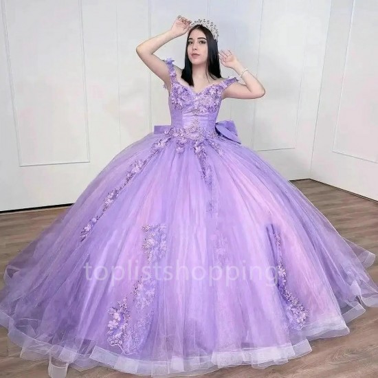 Ball Gown Quinceanera Dresses Lilac 3D Flower Cinderella 16 Princess Gowns With Big Bow Vestidos De 15 Anos