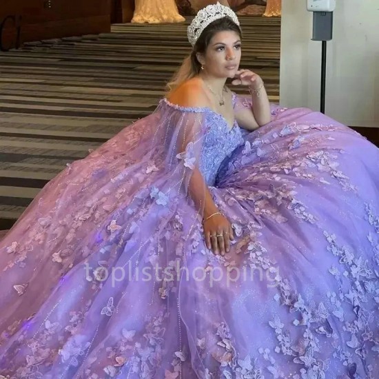 Ball Gown Quinceanera Dresses With Cape 3D Flowers Girl 15 Year Old Birthday Party Gown Vestido De 15 Anos