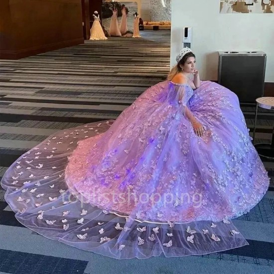 Ball Gown Quinceanera Dresses With Cape 3D Flowers Girl 15 Year Old Birthday Party Gown Vestido De 15 Anos