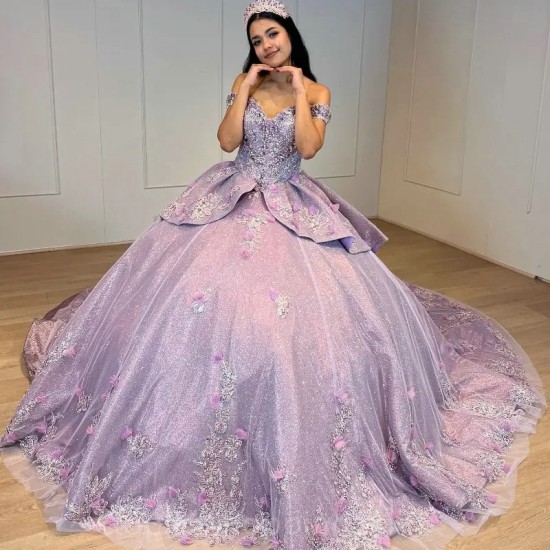 2024 Quinceanera Dresses Sexy Off the Shoulder Princess Lilac Ball Gown Appliques Lace Beads Corset Party Dress