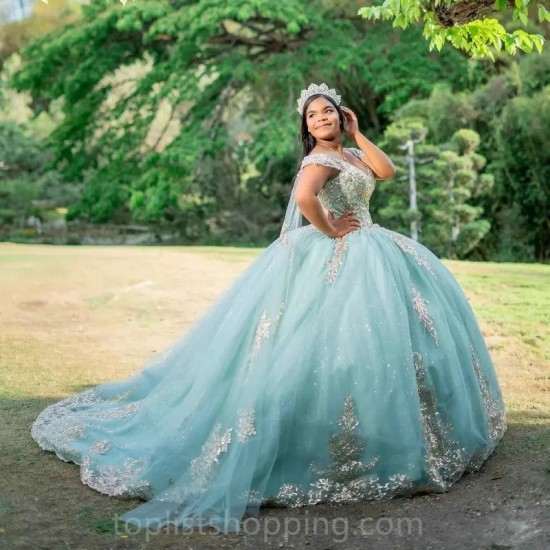 Cape Ball Gown Sweet 15 16 Dress With Aqua Blue Princess Quinceanera Dresses Gold Applique Lace Tull