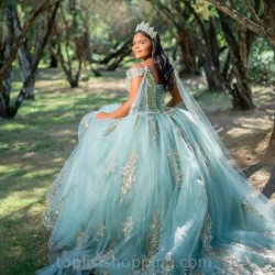 Cape Ball Gown Sweet 15 16 Dress With Aqua Blue Princess Quinceanera Dresses Gold Applique Lace Tull