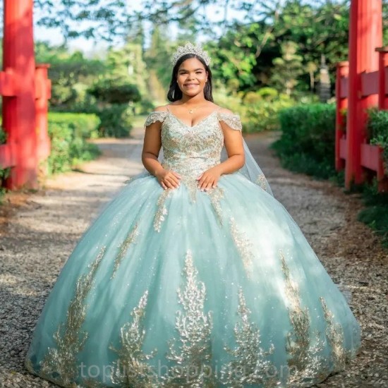 Cape Ball Gown Sweet 15 16 Dress With Aqua Blue Princess Quinceanera Dresses Gold Applique Lace Tull