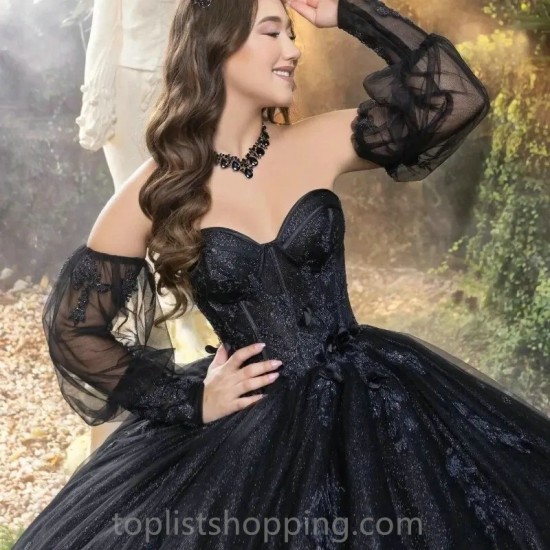 Black Glittering Luxury Crystal Quinceanera Dresses Off Shoulder Applique Beads Birthday Party Ball Gown