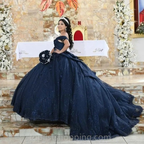 Beads Navy Blue Quinceanera Dress 2024 3D Flower Girl Sweet 16 Birthday Vestidos 15 De Fiestaday Princess Pageant