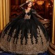 Long Sleeve Sweet 16 Vestidos De 15 Años Black Quinceanera Dress Gold Lace Appliques Beads Ball Gown Beading