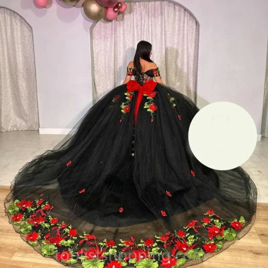 2024 Bow Crystals Off Shoulder Applique Lace Tull Sweet 16 Dress Black Quinceanera Dresses 