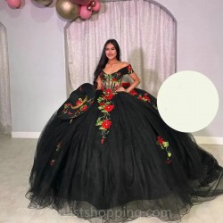 2024 Bow Crystals Off Shoulder Applique Lace Tull Sweet 16 Dress Black Quinceanera Dresses 