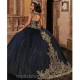 Beaded Gold Appliqué Ball Gown Sweet Princess Party Birthday Dress Black Quinceanera Dresses 