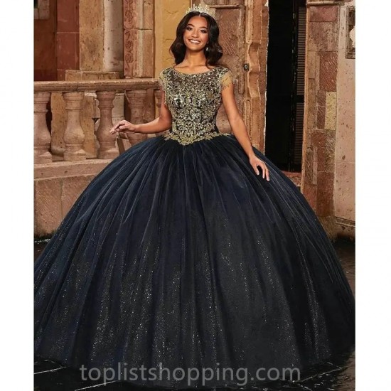 Beaded Gold Appliqué Ball Gown Sweet Princess Party Birthday Dress Black Quinceanera Dresses 