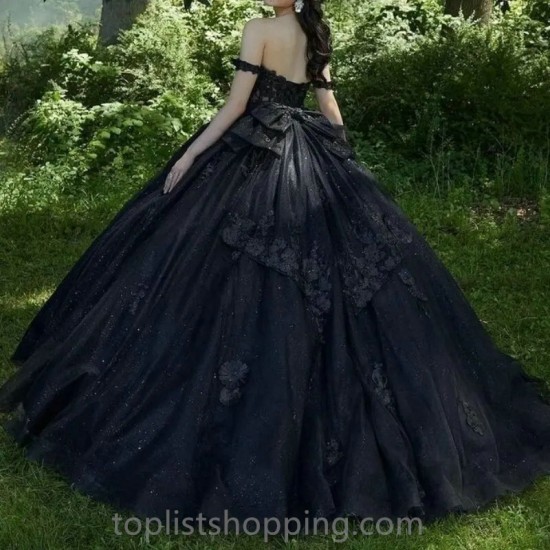 Sweet 16 Girls Black Quinceanera Dresses For Beads Appliques Sweetheart Princess Ball Gowns