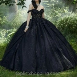 Sweet 16 Girls Black Quinceanera Dresses For Beads Appliques Sweetheart Princess Ball Gowns