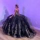 Off The Shoulder Black Shiny Ball Gown Quinceanera Dress Gold Lace Applique Tull Corset Vestidos De 15 Años