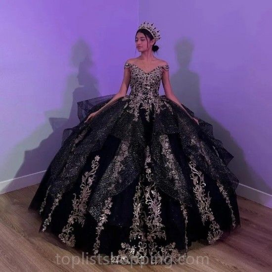 Off The Shoulder Black Shiny Ball Gown Quinceanera Dress Gold Lace Applique Tull Corset Vestidos De 15 Años