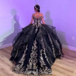 Off The Shoulder Black Shiny Ball Gown Quinceanera Dress Gold Lace Applique Tull Corset Vestidos De 15 Años