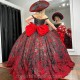 Sweetheart Black Quinceanera Dresses Red Applique Beaded Organza Pageant Dress Mexican Girl Birthday Sweet 16 Gown