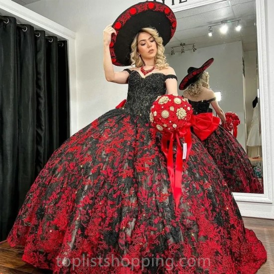 Sweetheart Black Quinceanera Dresses Red Applique Beaded Organza Pageant Dress Mexican Girl Birthday Sweet 16 Gown